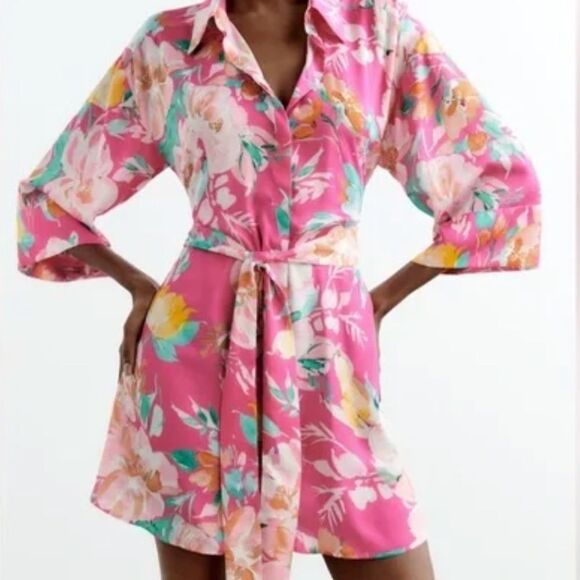 ZARA Pink Floral Printed Satin/Sarin Effect Floral‎ Kimono Dress NWT - XS - Picture 3 of 7